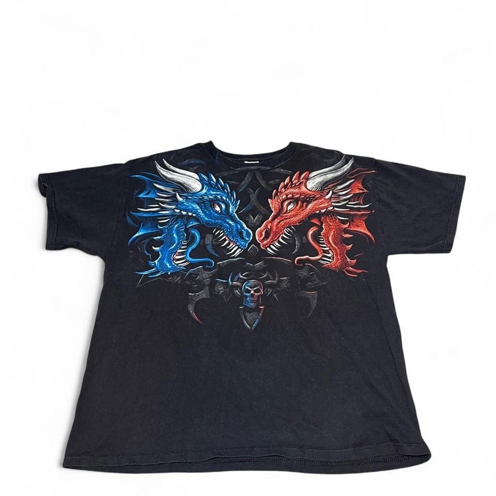 Y2K Dueling Dragons black tee with blue and red dragons, tagged size L